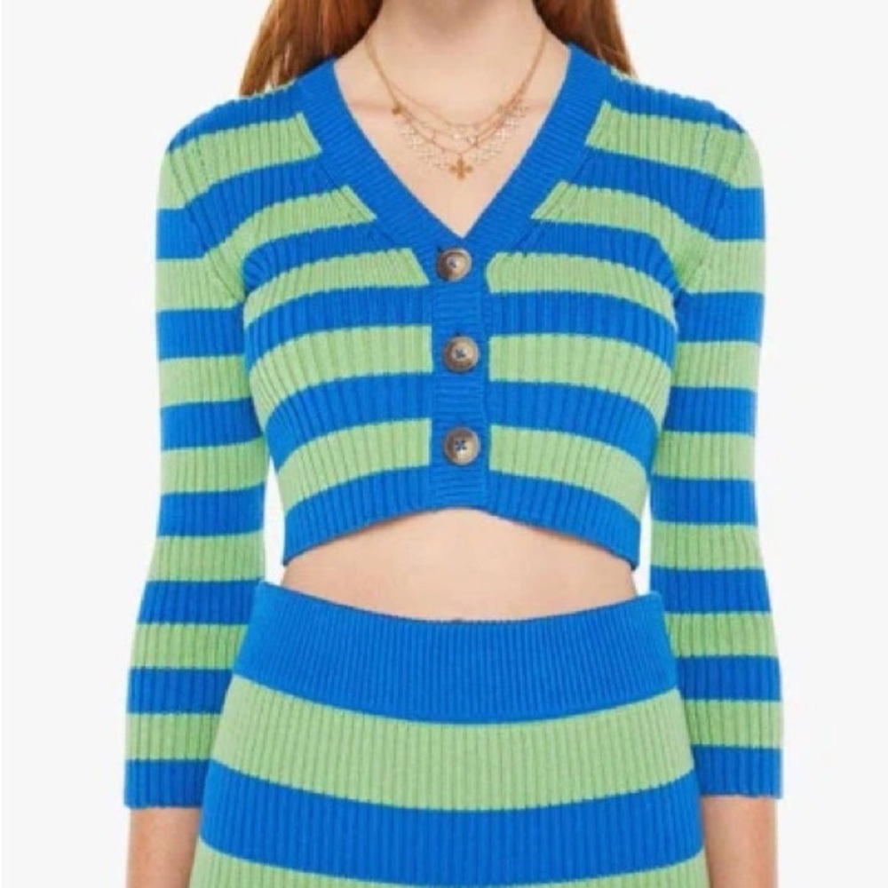 MOTHER Blue and Green Striped Crop Top